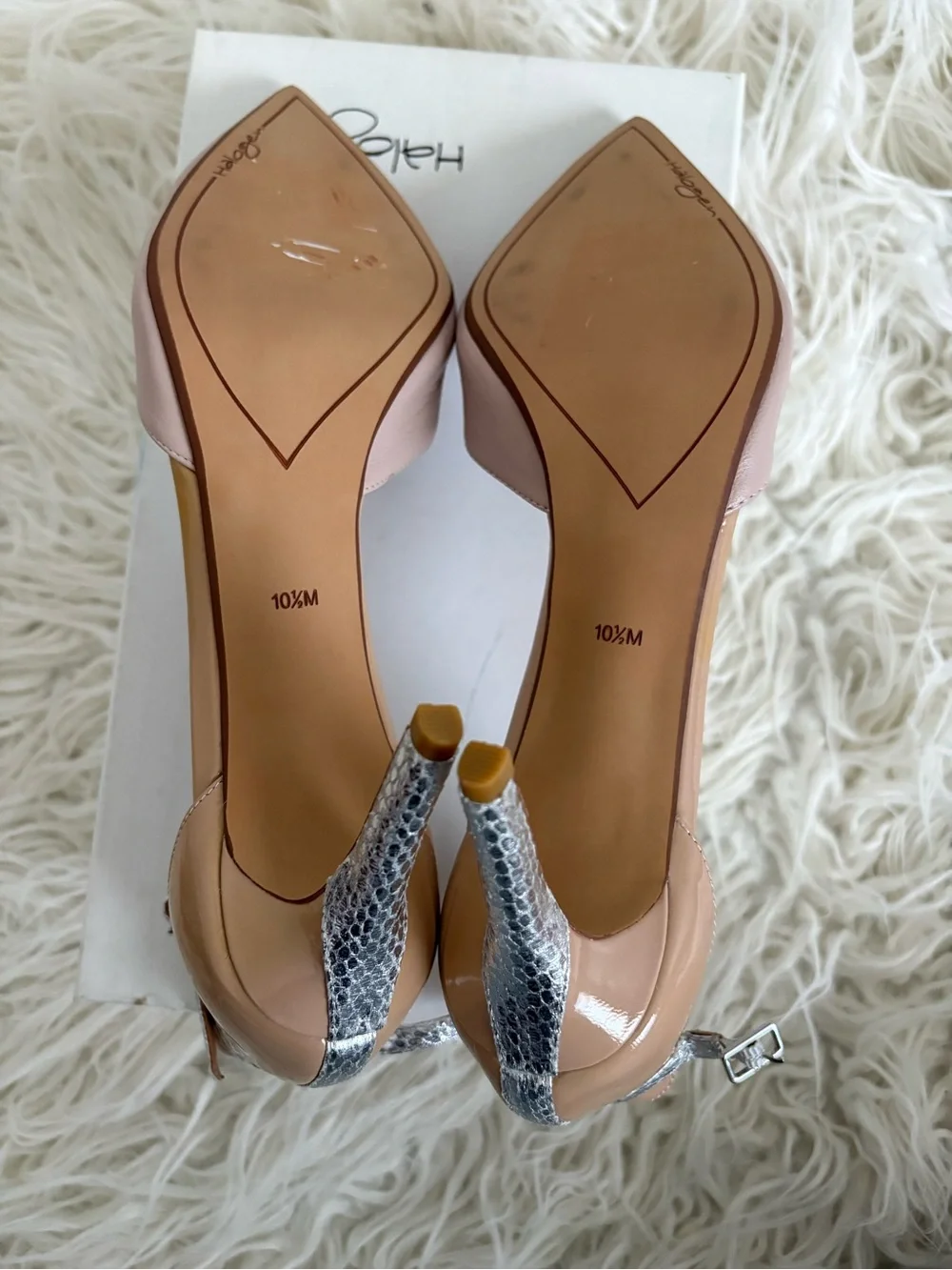 Halogen Nude Leather Pointed Toe Heels with Silver Snake Print Stiletto